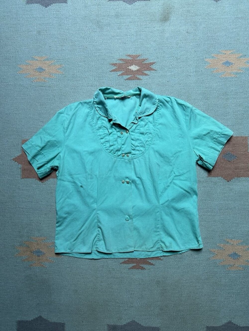 Vintage 50s 60s women’s loop collar shirt blouse cotton teal turquoise blue 36